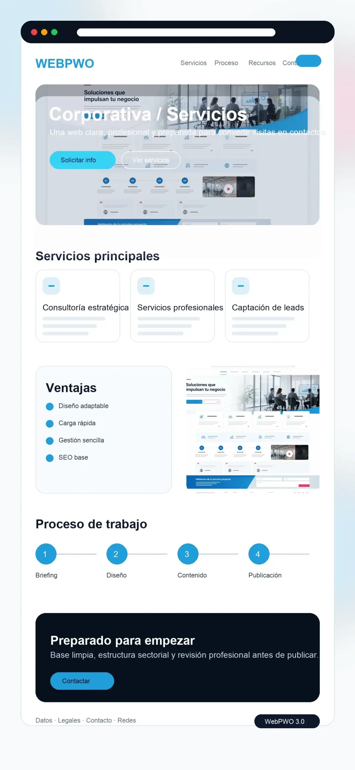 Captura vertical sectorial WebPWO 3.0 para web corporativa de servicios