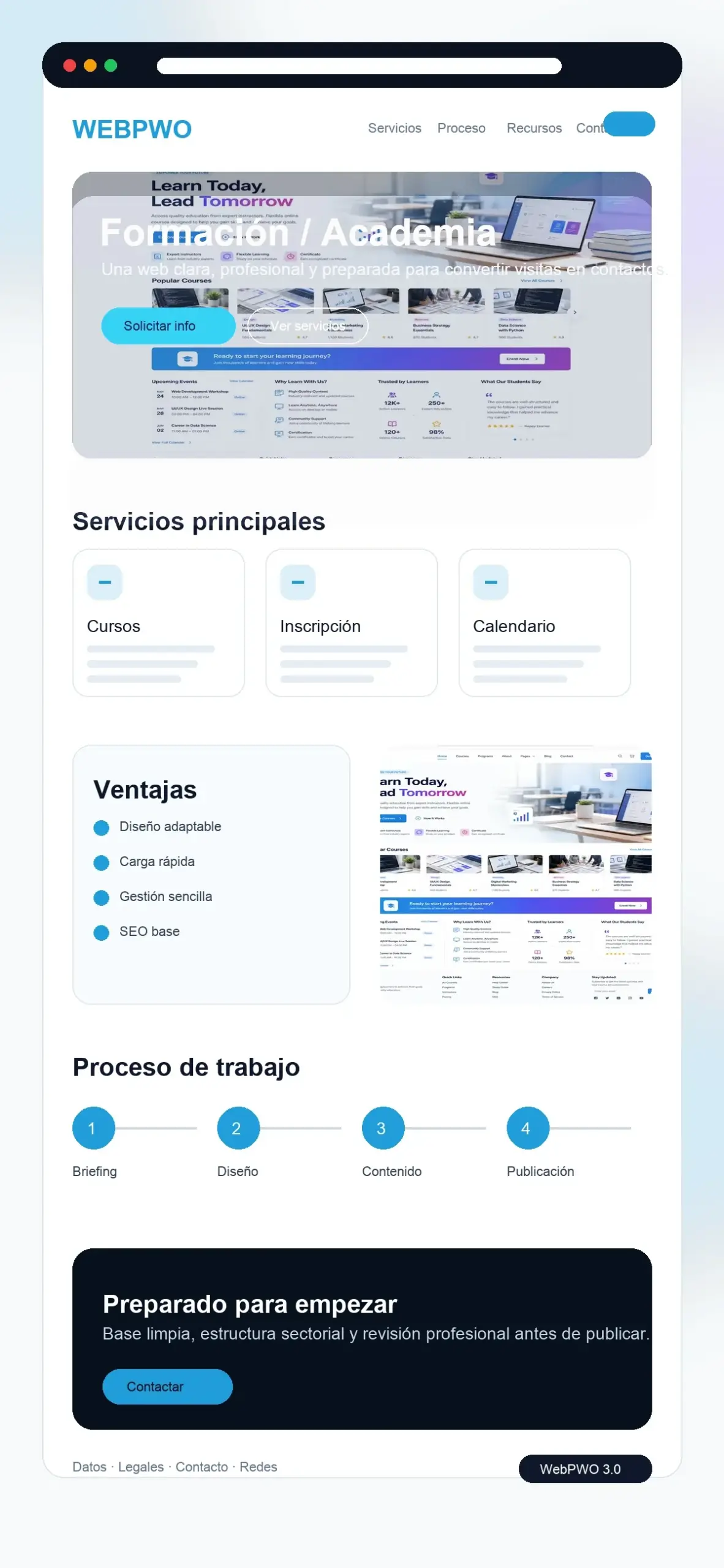 Captura vertical sectorial WebPWO 3.0 para formación o academia