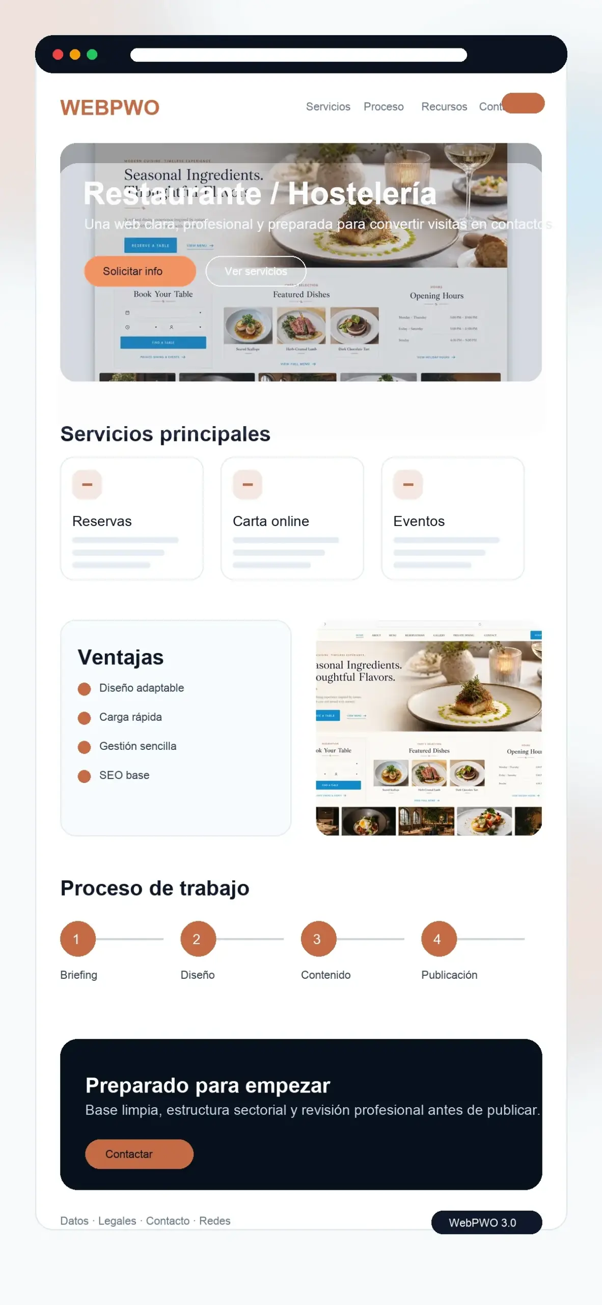 Captura vertical sectorial WebPWO 3.0 para restaurante u hostelería